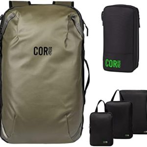 COR Surf Carry On Travel Backpack Bundle | Island Hopper Travel Backpack with Toiletry Bag and Compression Packing Cube Set (28L, Green)